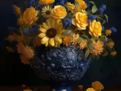 Blue Vase Filled With Yellow And Blue Flowers