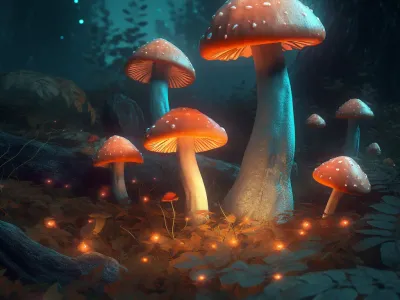 Group Of Mushrooms Sitting On Top Of A Forest Floor