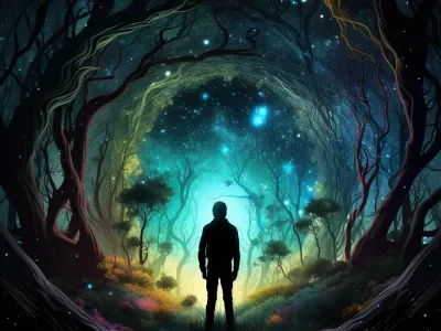 Man Standing In The Middle Of A Forrest At Night Galaxy
