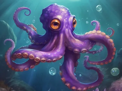 Painging Of A Purple Cotopus Swimming In The Ocean