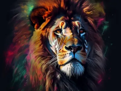 Painting Of A Lion On A Black Background Dynamic