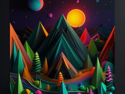 Painting Of A Space Scene With Mountains Planets And Trees
