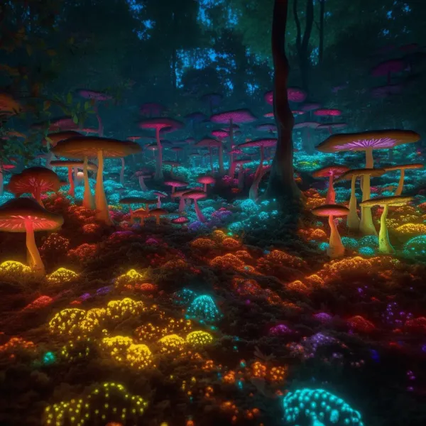A forest of rainbow-colored trees with glowing mushrooms