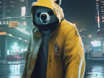 White Bear Wearing A Yellow Raincoat In The Rain